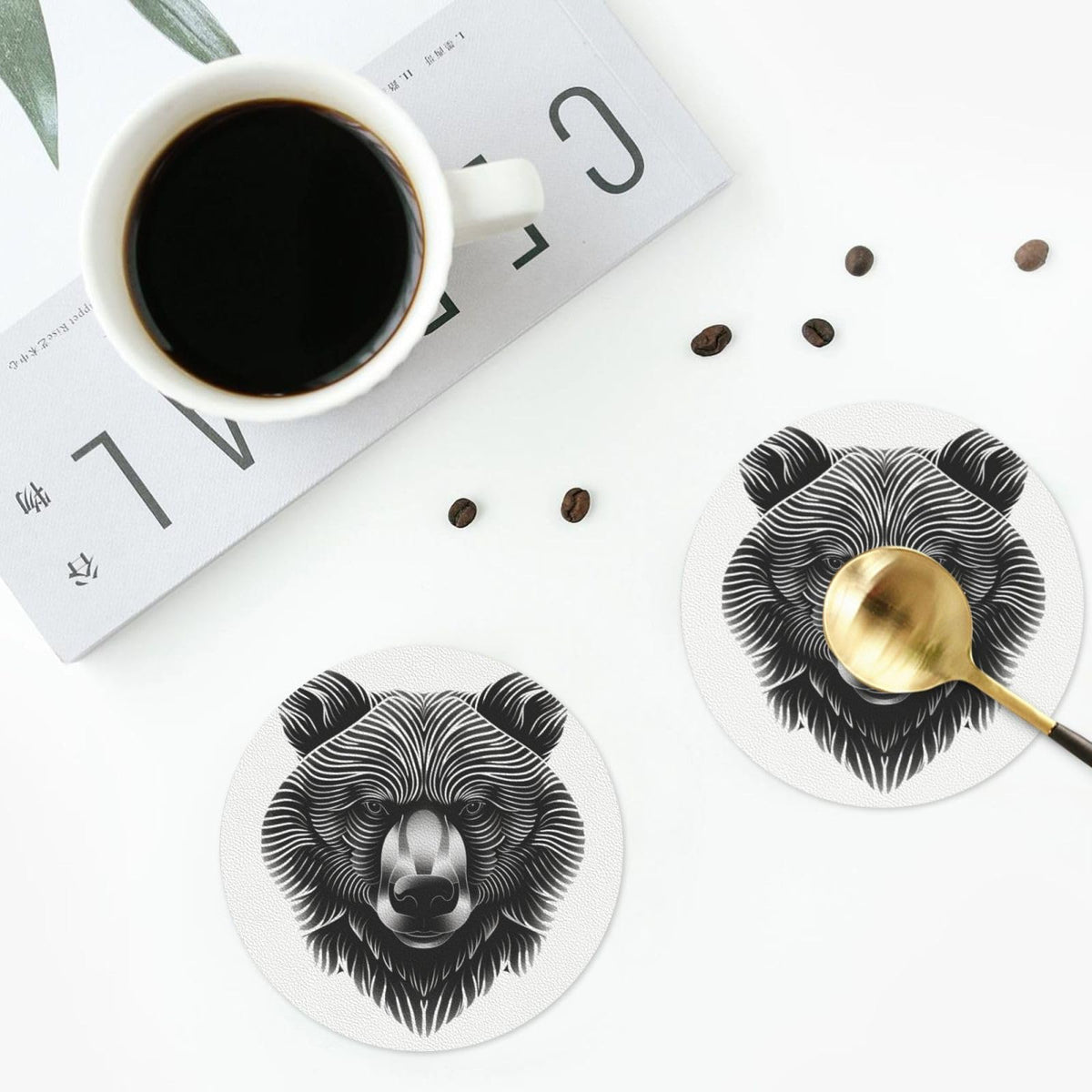 Black and White Bear Head Leather Coasters Set of 4 H4618