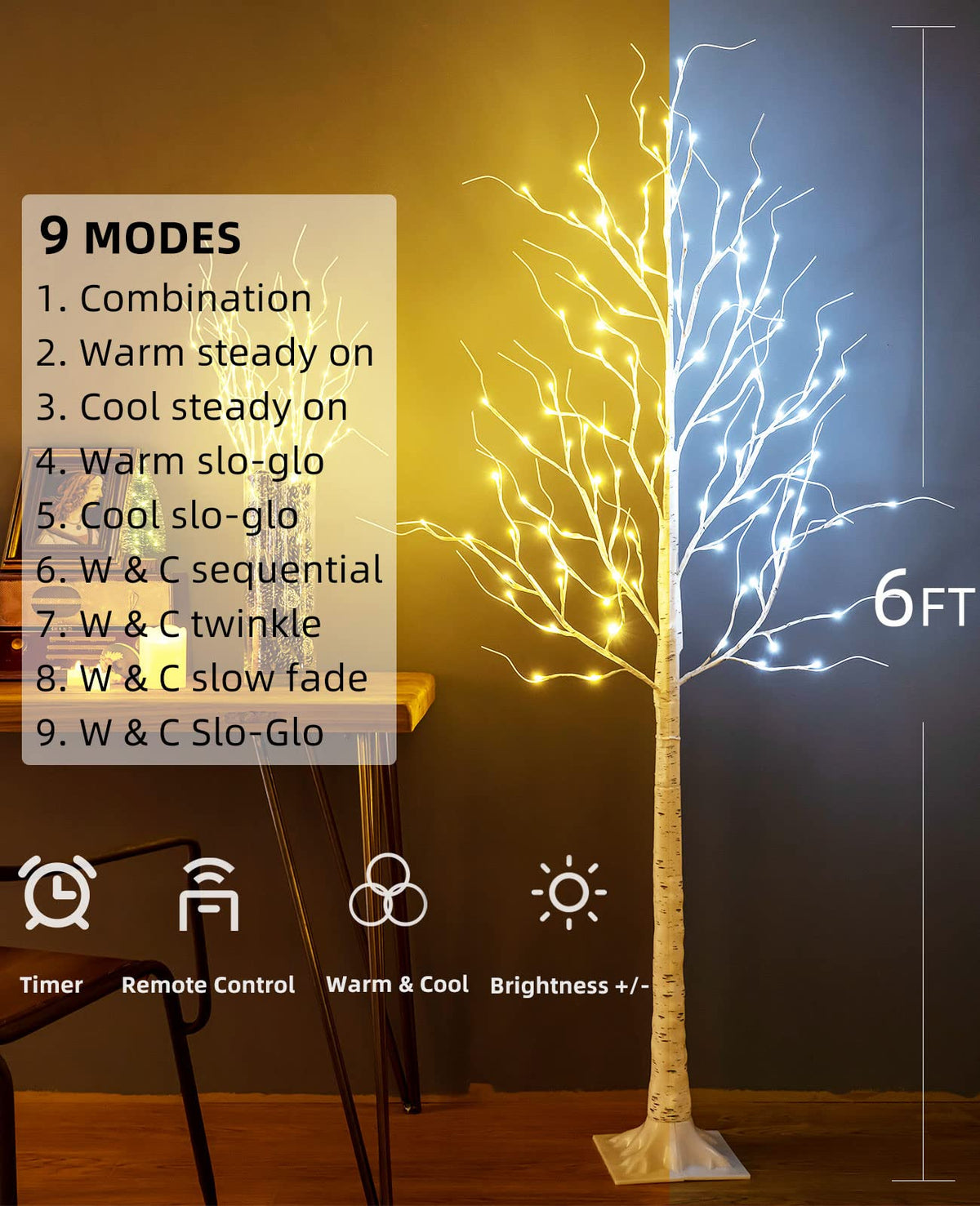 6ft 96LED Lighted Artificial Birch Tree with 9 Modes Timer E7884