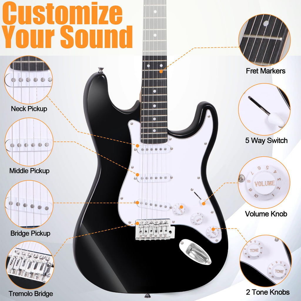 39in Full Size Electric Guitar with 10W Amp, Case and Accessories Pack, Black F869
