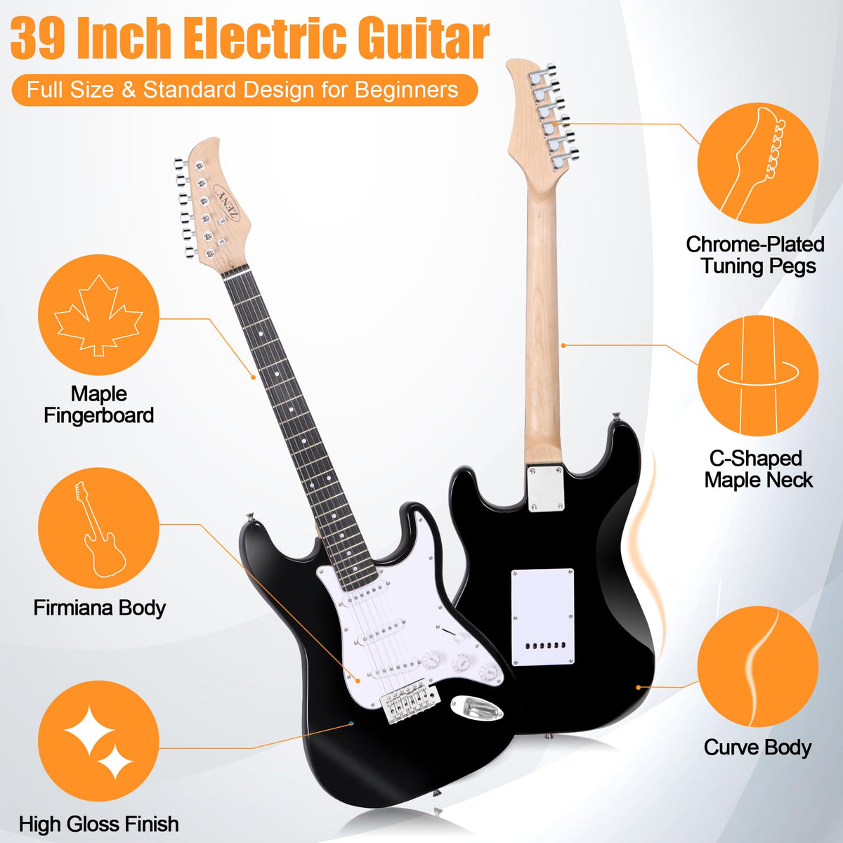 39in Full Size Electric Guitar with 10W Amp, Case and Accessories Pack, Black F869