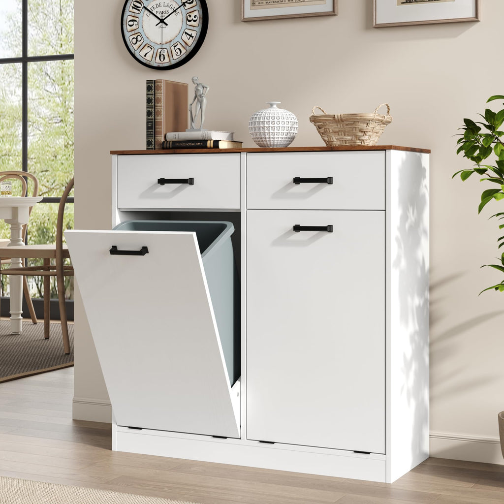 Antique White Double Tilt Out Trash Can Cabinet with 2 Drawers J963732