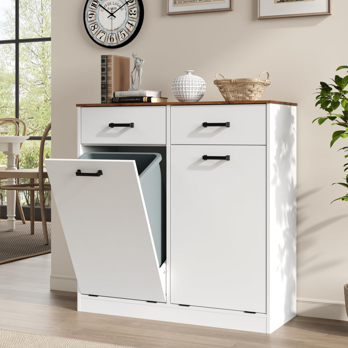 Antique White Double Tilt Out Trash Can Cabinet with 2 Drawers J963732