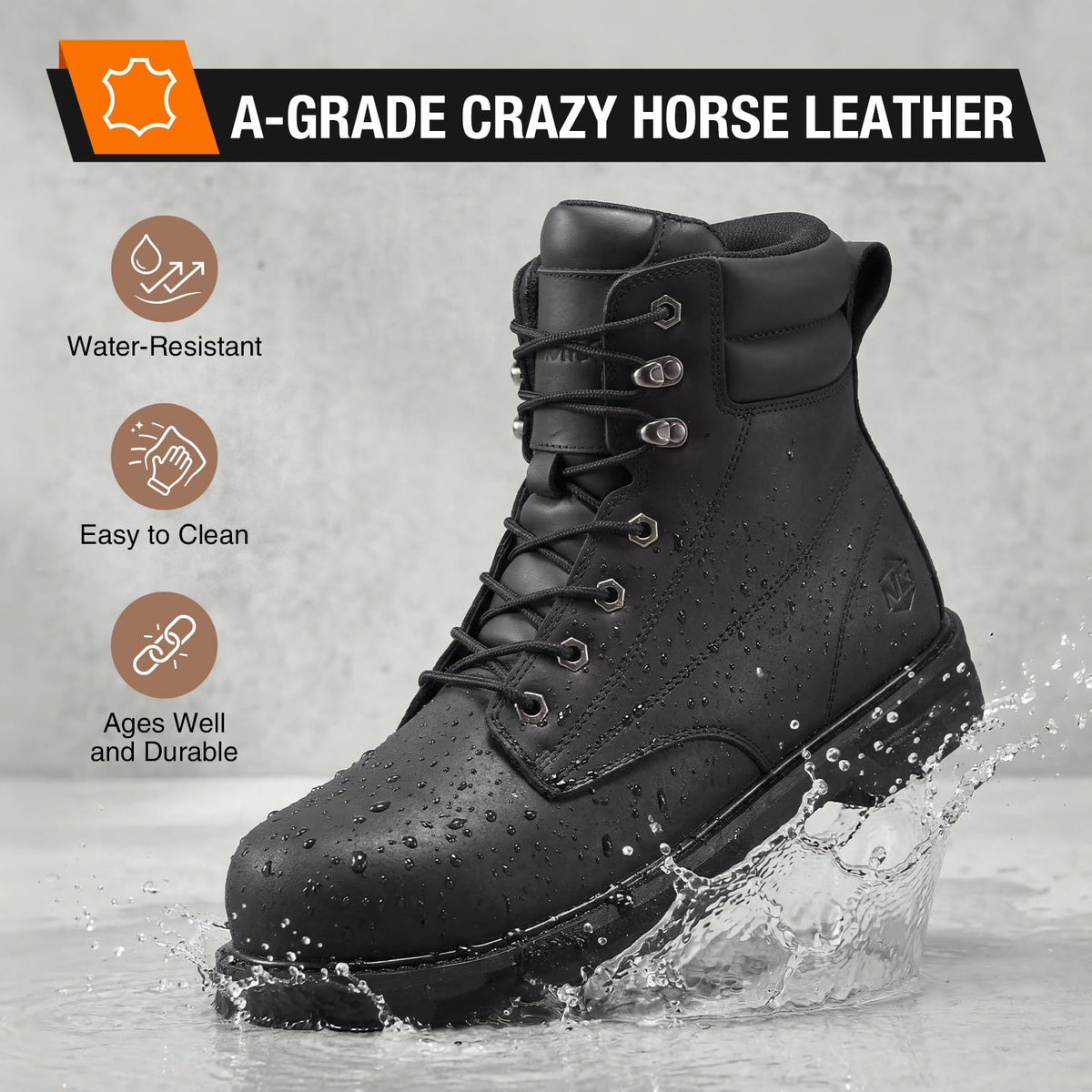 Water Resistant Crazy Horse Leather Steel Toe Work Boots C17574