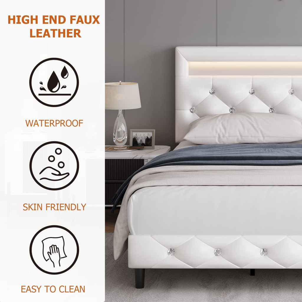 White Faux Leather Upholstered Full Size Platform Bed Frame U586828