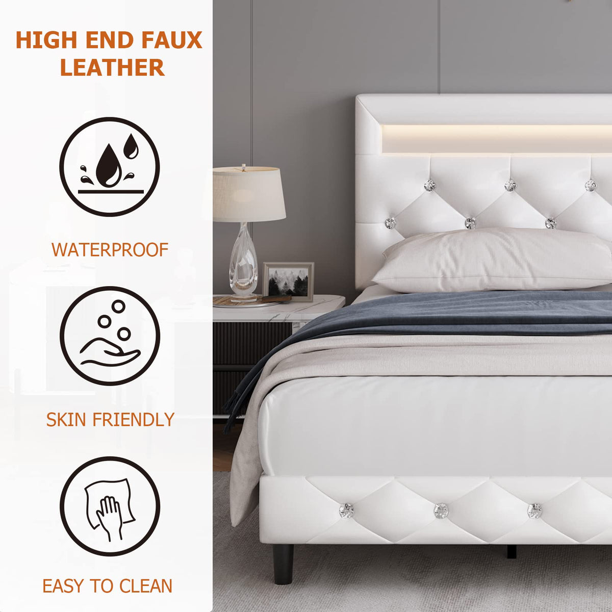 White Faux Leather Upholstered Full Size Platform Bed Frame U586828