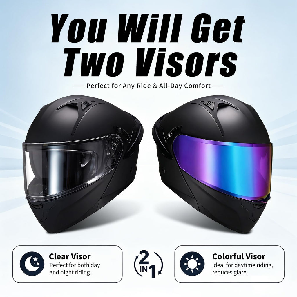 Modular Motorcycle Helmet Dual Visor Flip Up Full Face Matte Black XXL D363