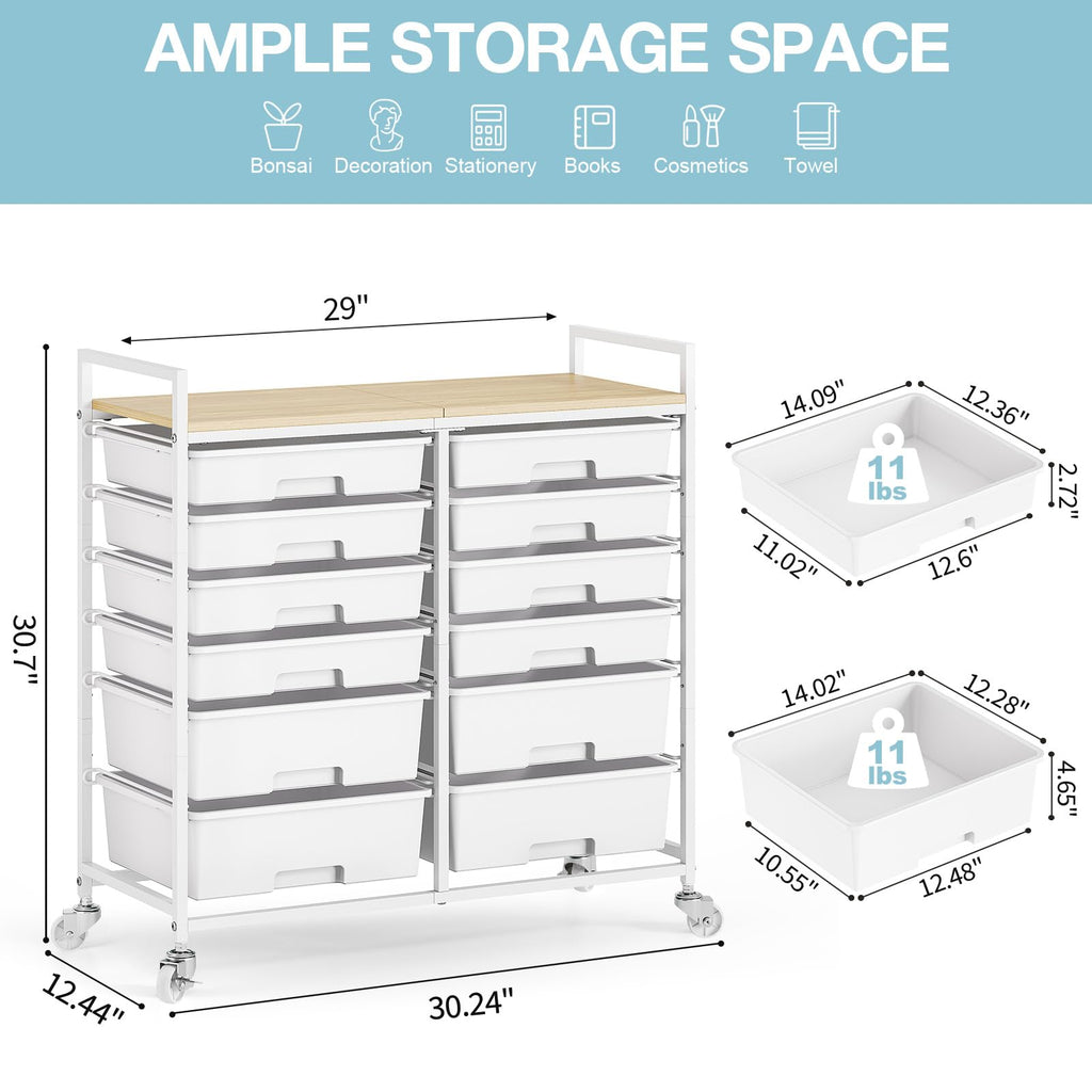 White 12 Drawers Rolling Storage Cart with Wooden Top J5039