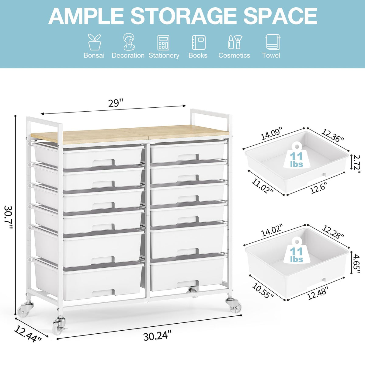 White 12 Drawers Rolling Storage Cart with Wooden Top J5039