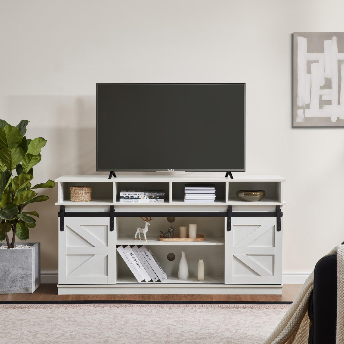 White Wood TV Stand with Adjustable Shelves T869