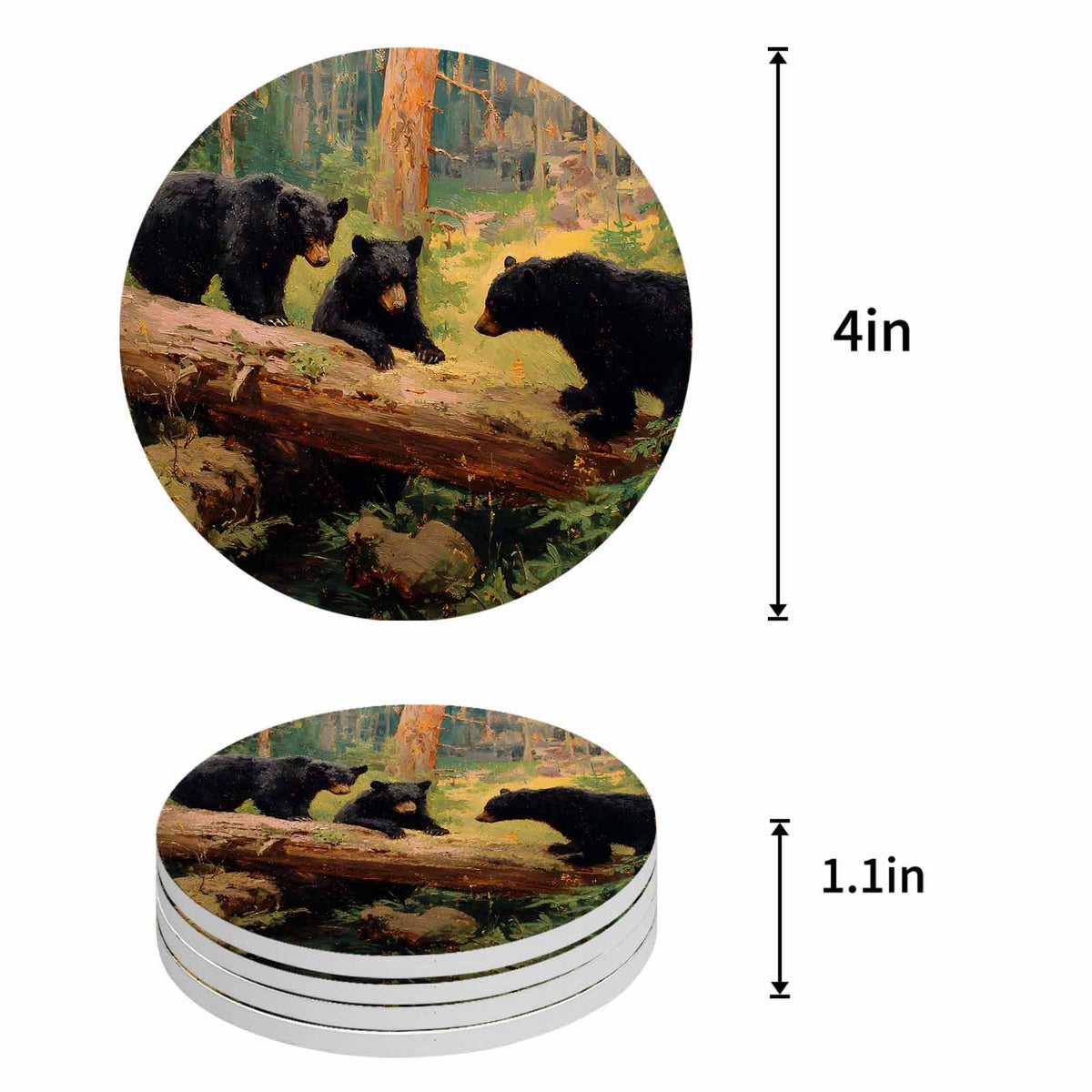 Set of 8 Rustic Black Bears Absorbent Ceramic Coaster with Cork Base H6256