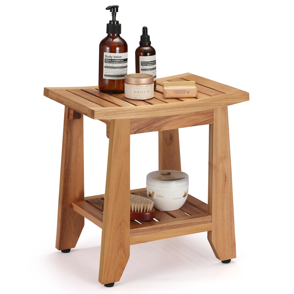 14'' Waterproof Teak Shower Bench with Storage Shelf J32846