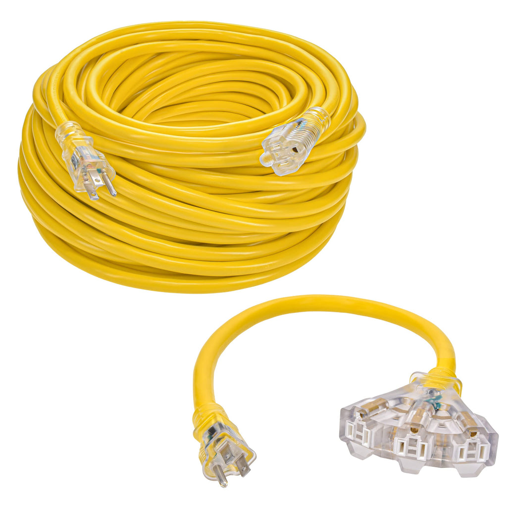 150ft 12/3 SJTW Yellow Outdoor Extension Cord with 3-Outlet Adapter U41006