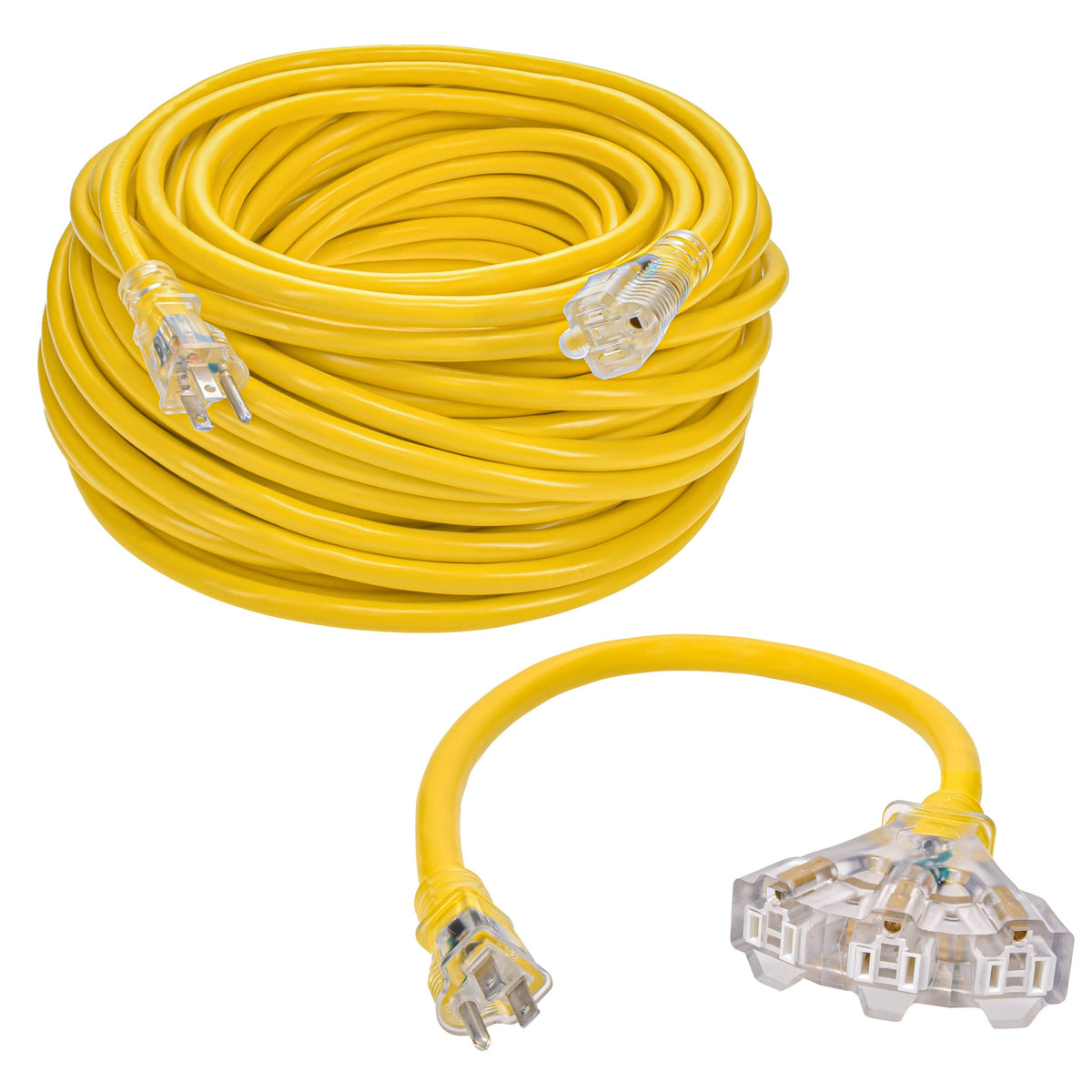 150ft 12/3 SJTW Yellow Outdoor Extension Cord with 3-Outlet Adapter U41006
