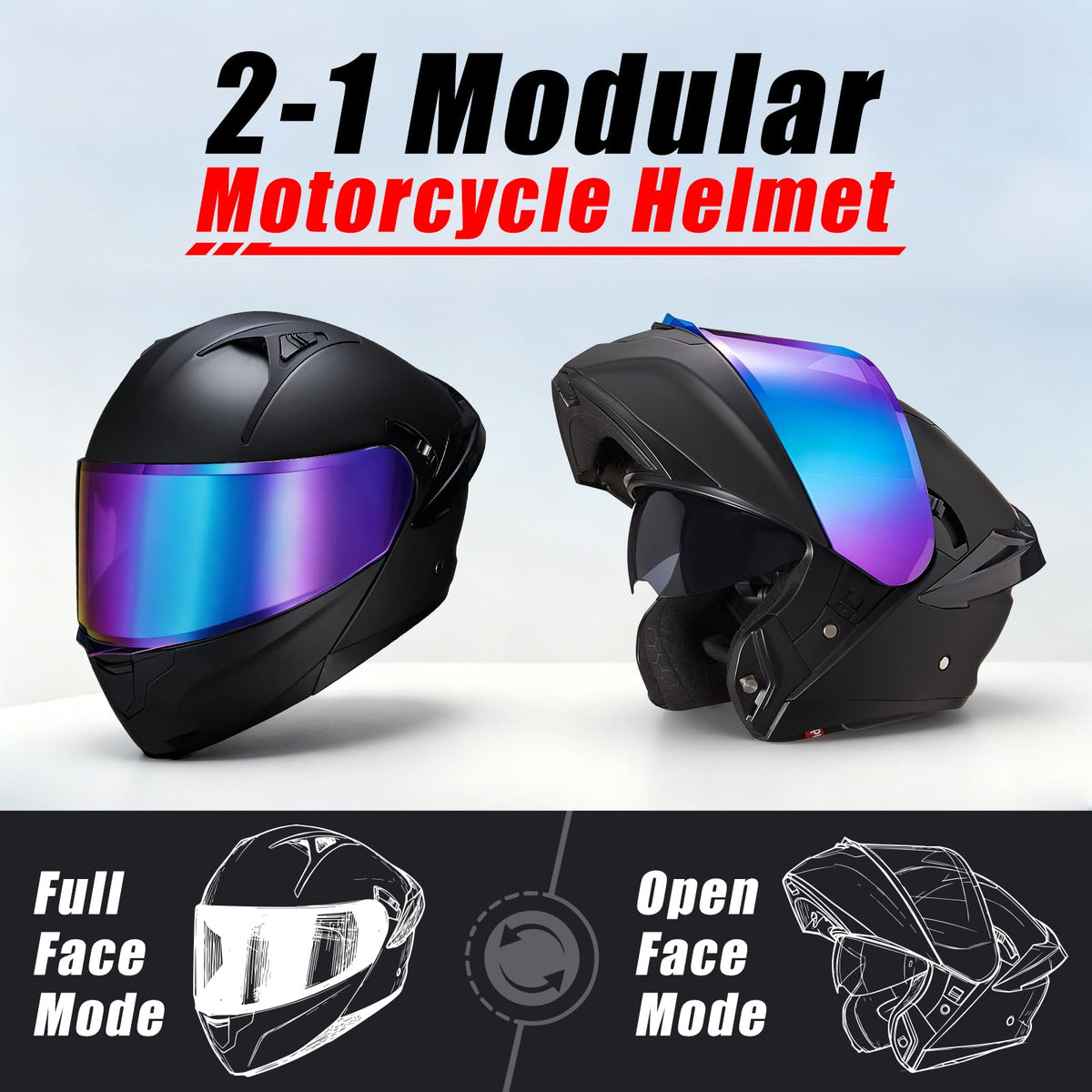 Modular Motorcycle Helmet Dual Visor Flip Up Full Face Matte Black XXL D363