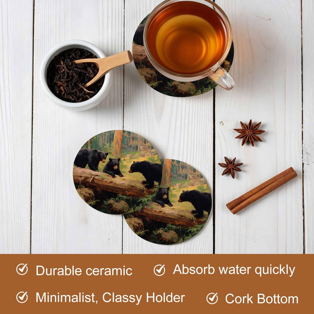 Set of 8 Rustic Black Bears Absorbent Ceramic Coaster with Cork Base H6256