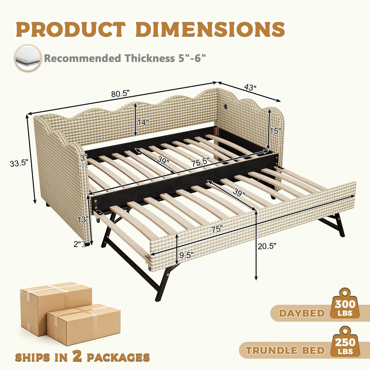 Twin Size Upholstered Gingham Daybed with Pop Up Trundle K716