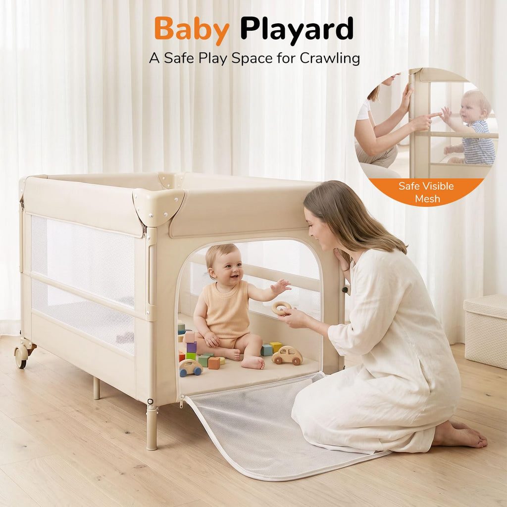 4 in 1 Foldable Pack and Play with Bassinet and Changing Table, Beige Z978712