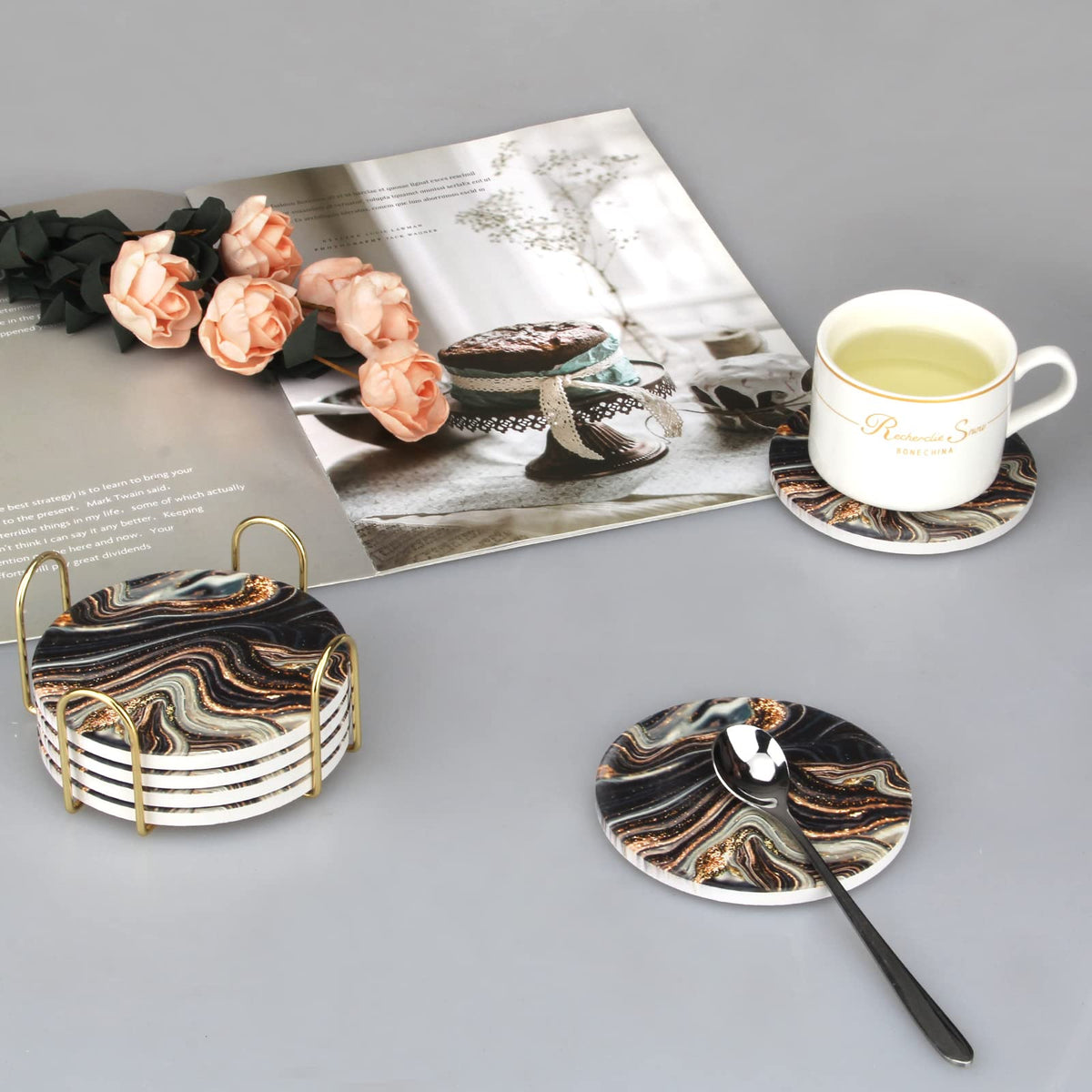 Black and Gold Marble Coasters with Holder A9805