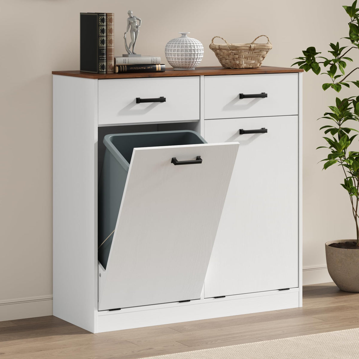 Antique White Double Tilt Out Trash Can Cabinet with 2 Drawers J963732