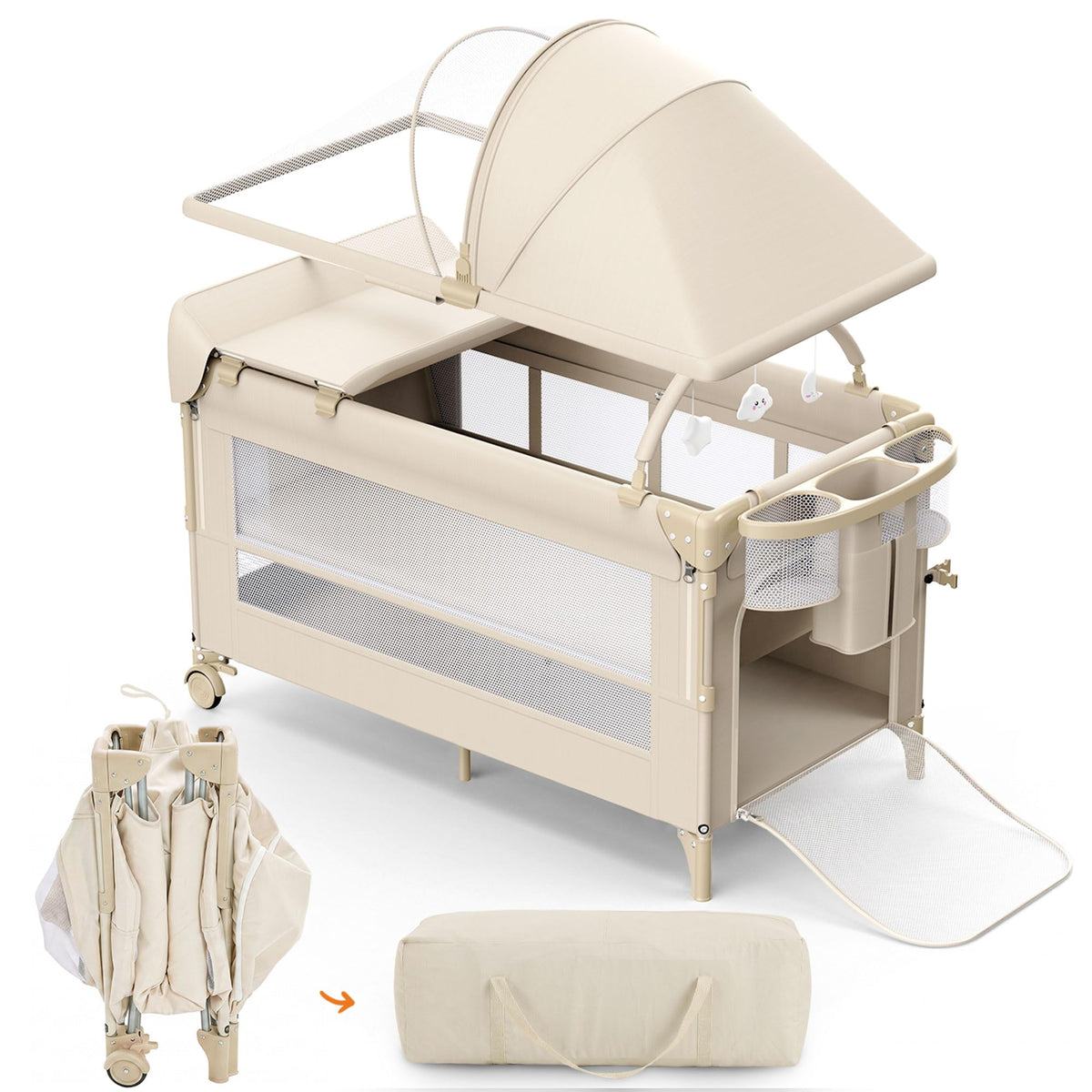 4 in 1 Foldable Pack and Play with Bassinet and Changing Table, Beige Z978712