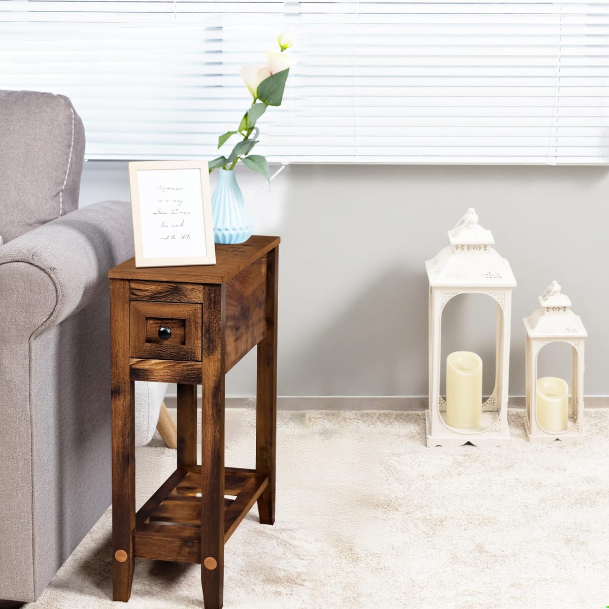 Cherry Chairside Table with Charger and Storage Cabinet W648