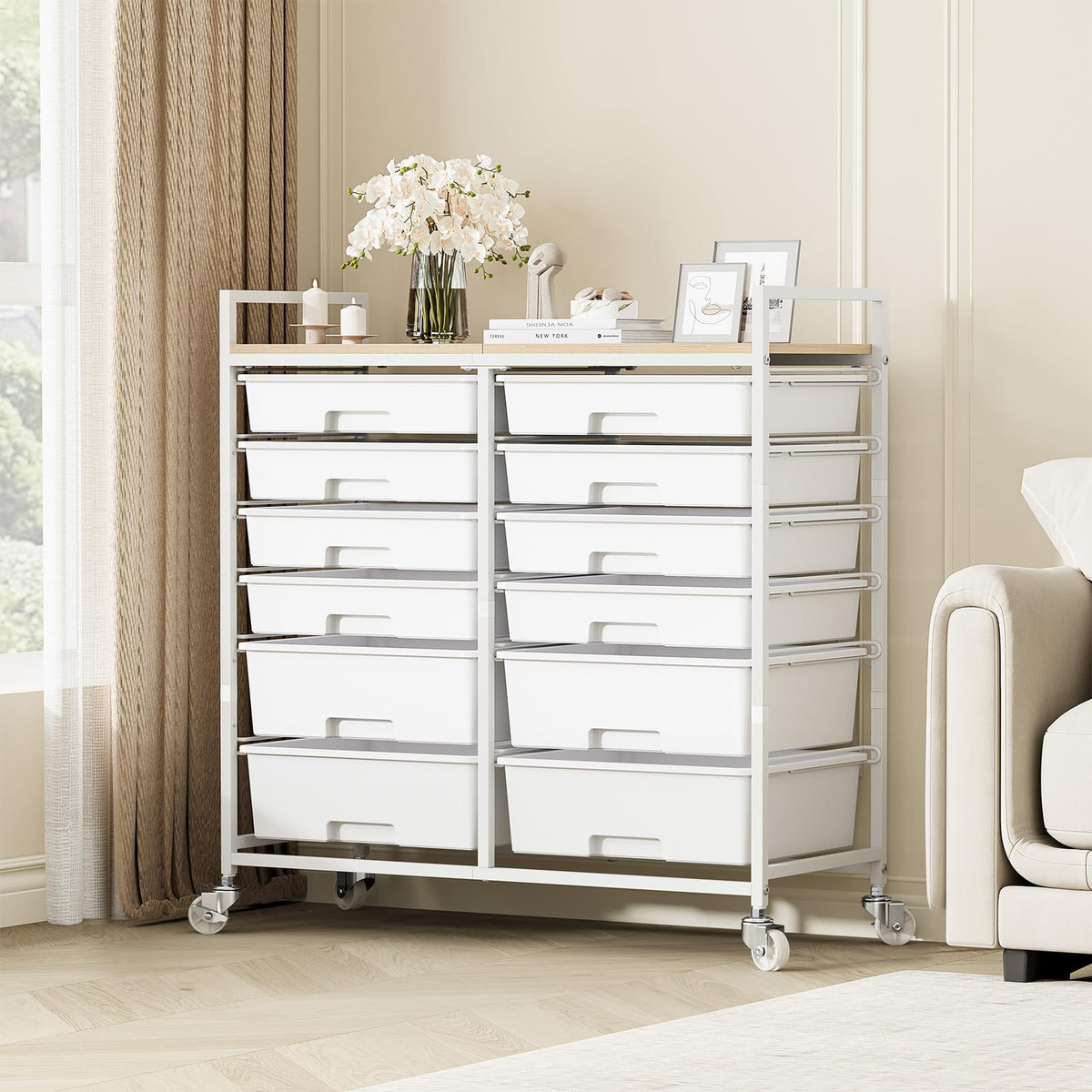 White 12 Drawers Rolling Storage Cart with Wooden Top J5039