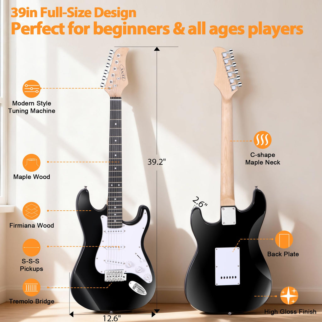 39in Full Size Electric Guitar with 10W Amp, Case and Accessories Pack, Black F869