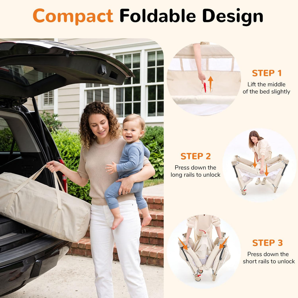 4 in 1 Foldable Pack and Play with Bassinet and Changing Table, Beige Z978712