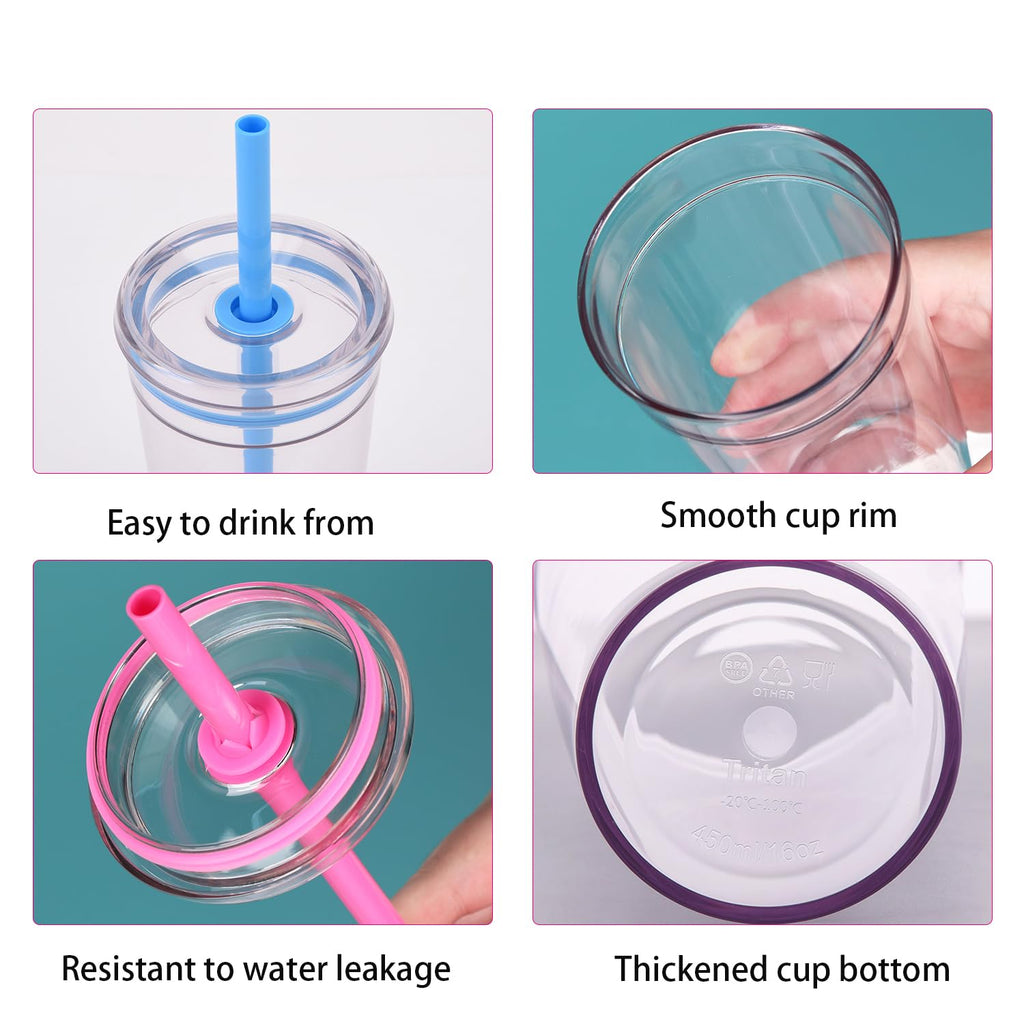 16 oz Plastic Tumbler Cup with Lid and Straw, 6 Pack T8373