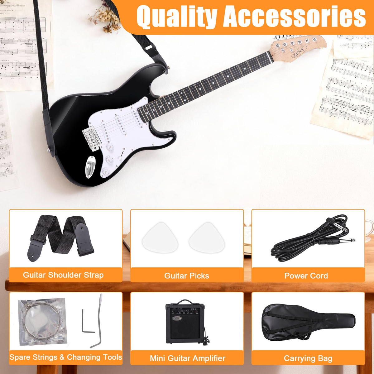 39in Full Size Electric Guitar with 10W Amp, Case and Accessories Pack, Black F869