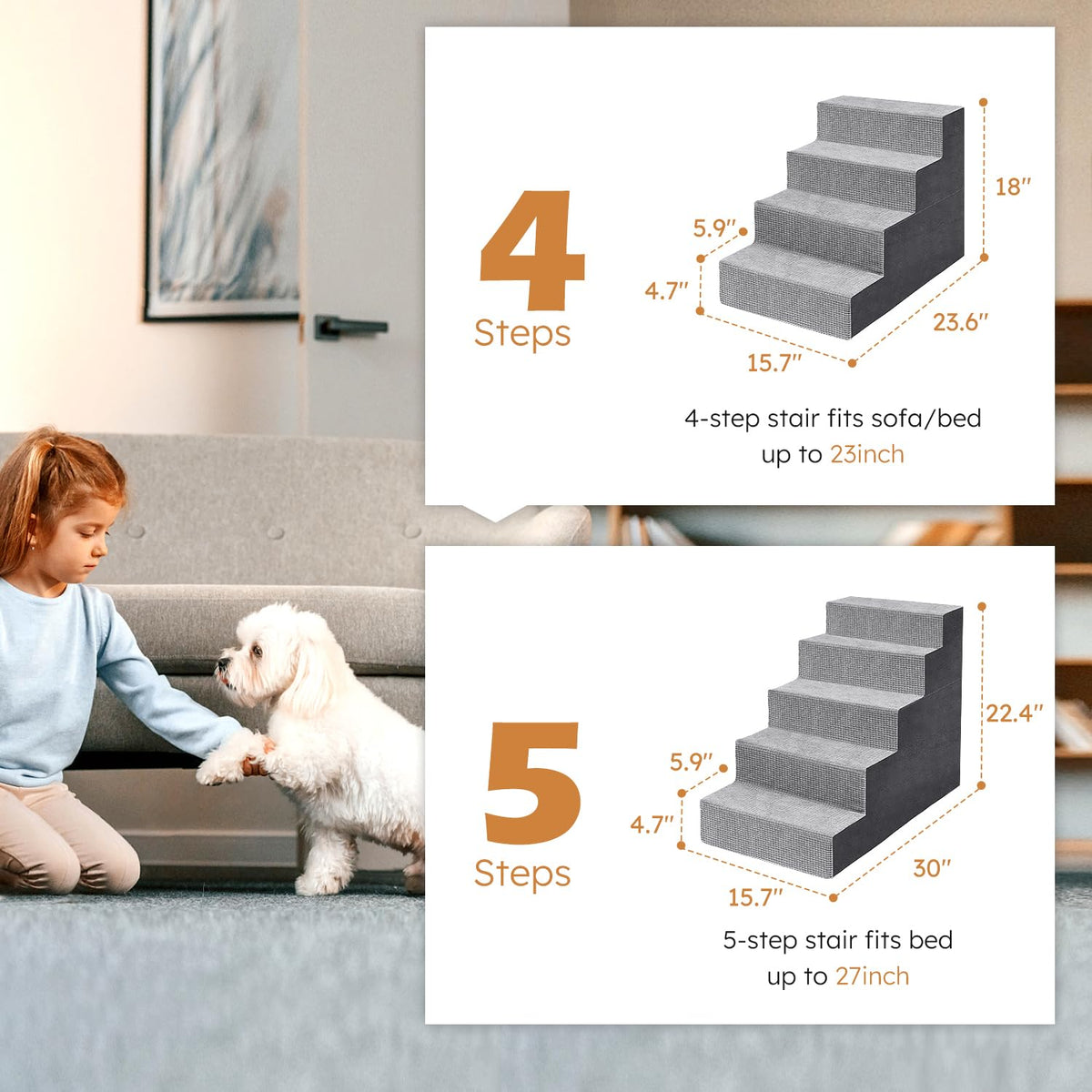 5-Step Grey Foam Dog Stairs G14010