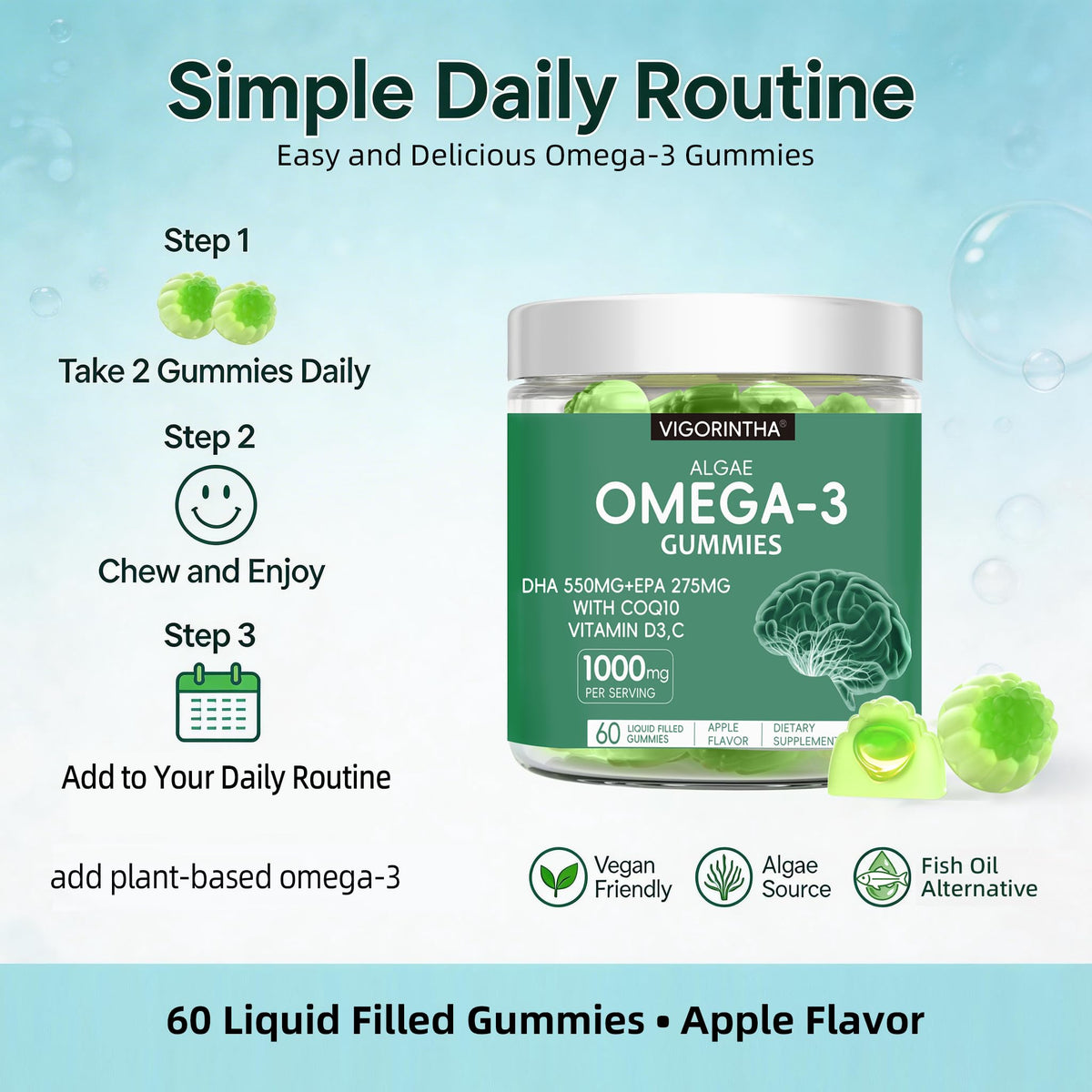 Vegan Omega-3 Algae Oil Softgels with DHA & EPA, 120 Softgels Q752896