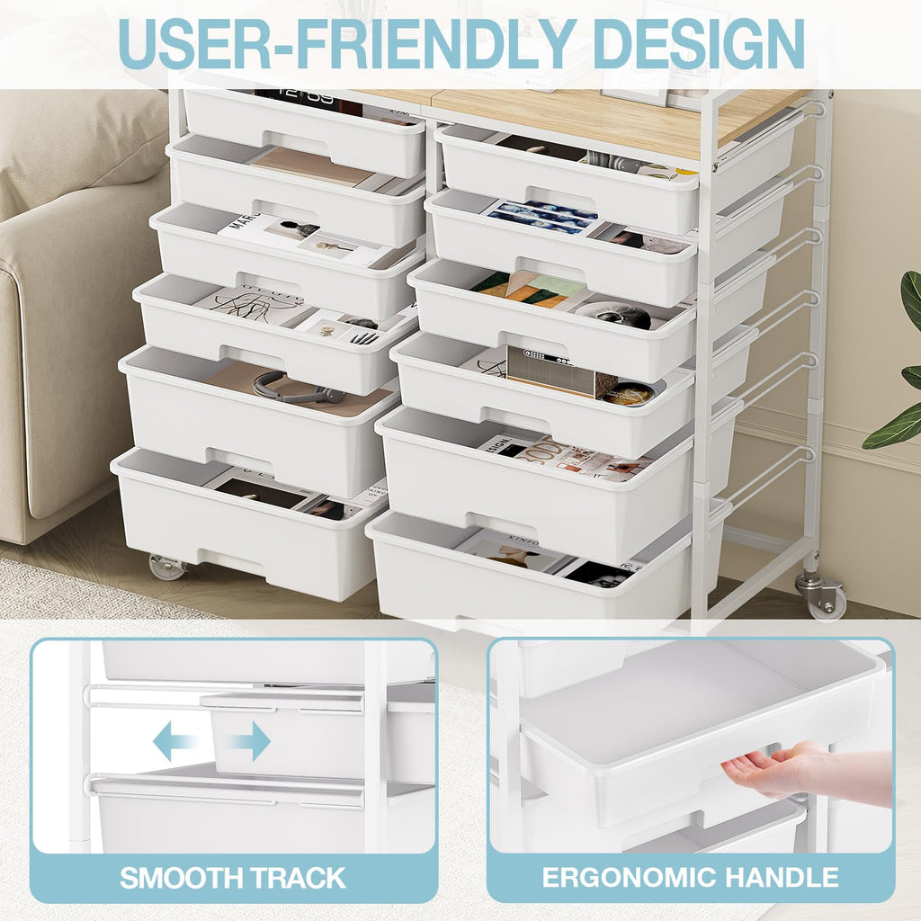 White 12 Drawers Rolling Storage Cart with Wooden Top J5039