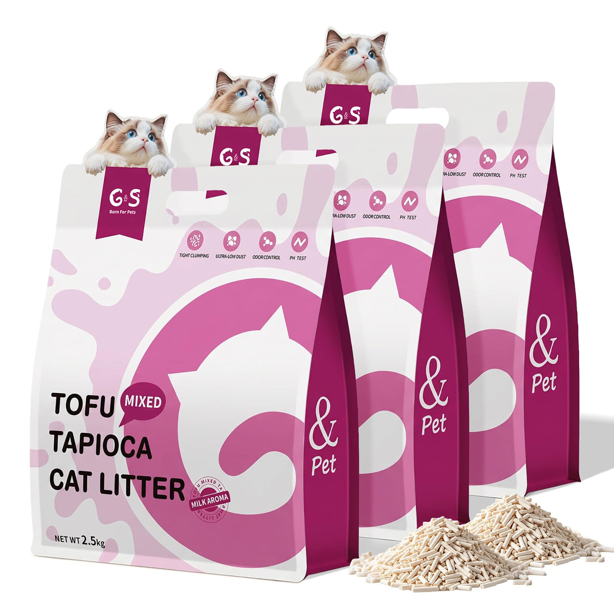 Tofu Cat Litter, Non-Stick, Odor Control, Flushable, Clumping, 99.9% Dust-Free, 5.5lb × 3 Bags H6595
