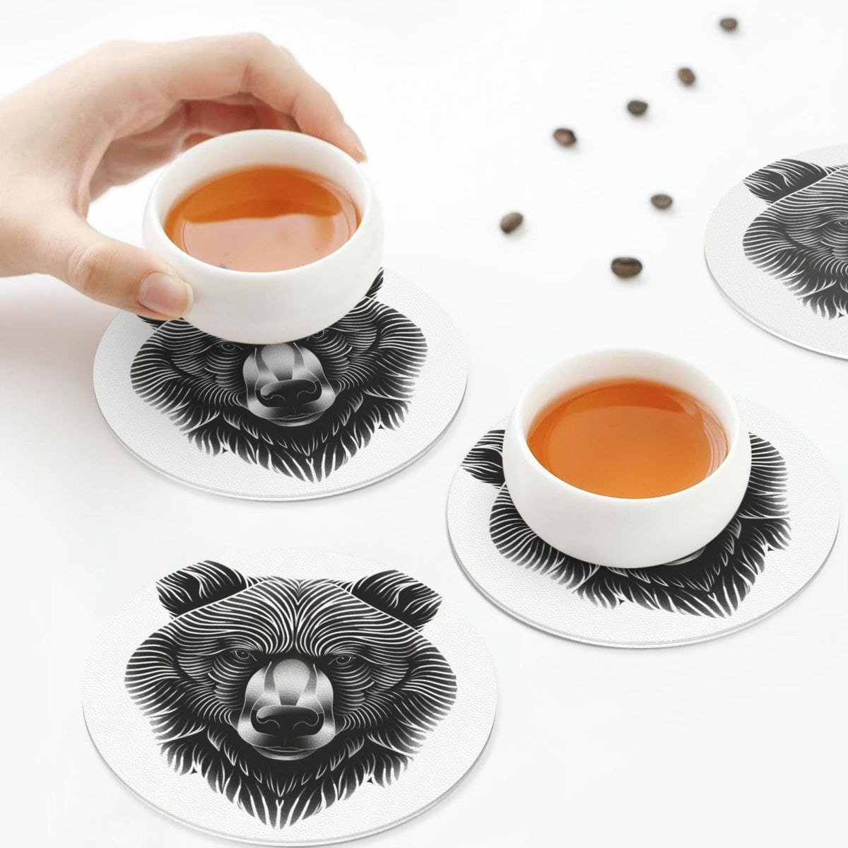 Black and White Bear Head Leather Coasters Set of 4 H4618