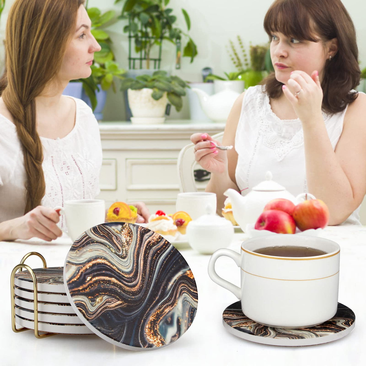 Black and Gold Marble Coasters with Holder A9805