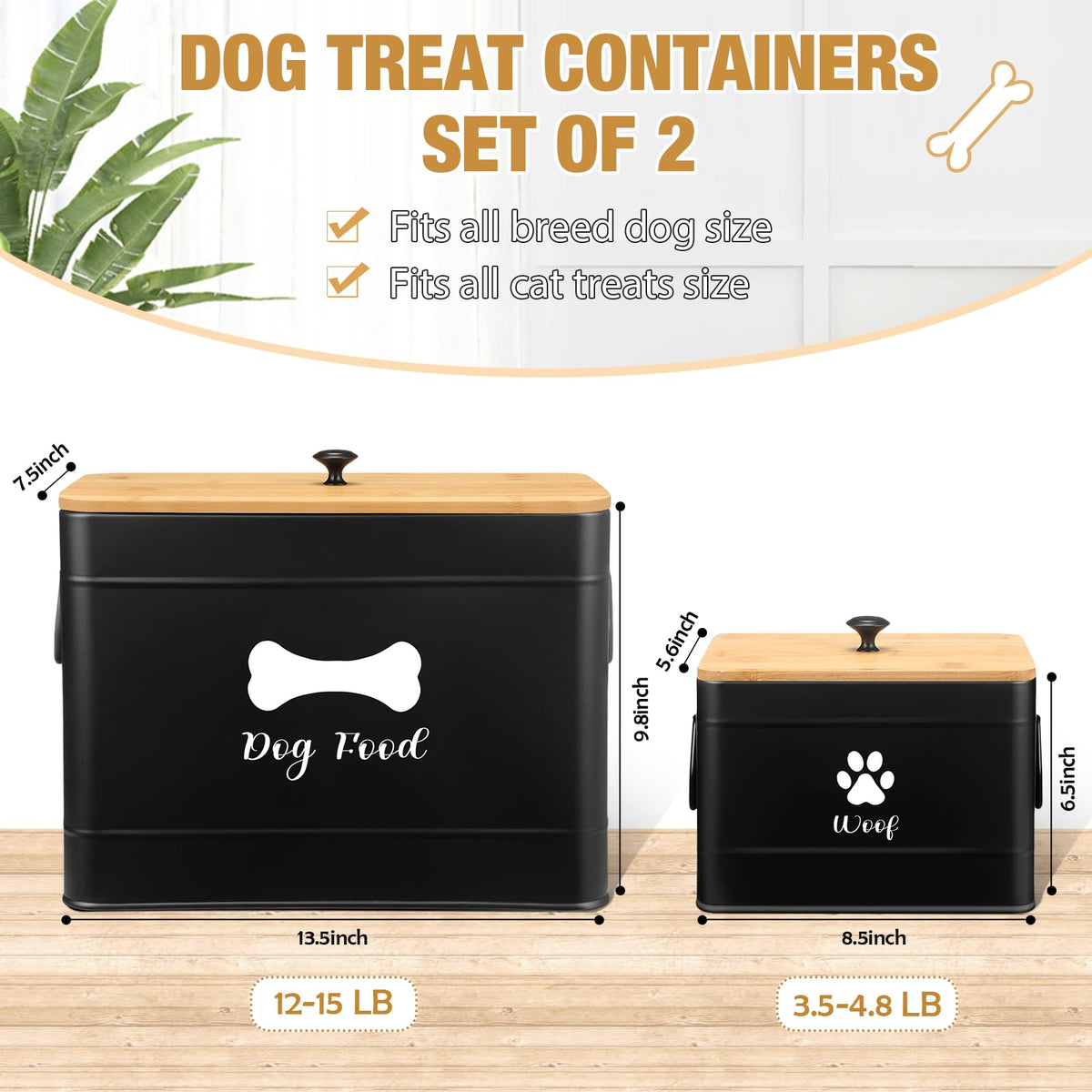 2Pcs Extra Large Metal Dog Food Containers Airtight Black V5299