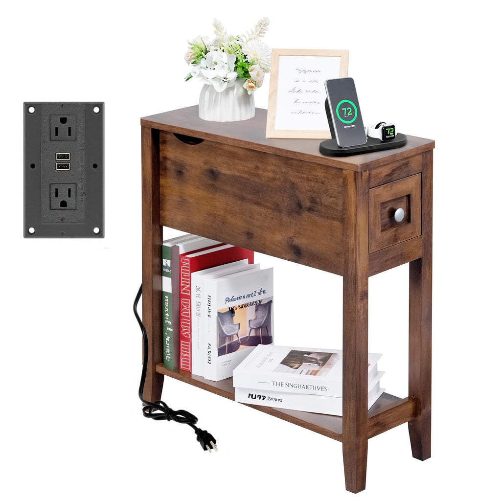 Cherry Chairside Table with Charger and Storage Cabinet W648
