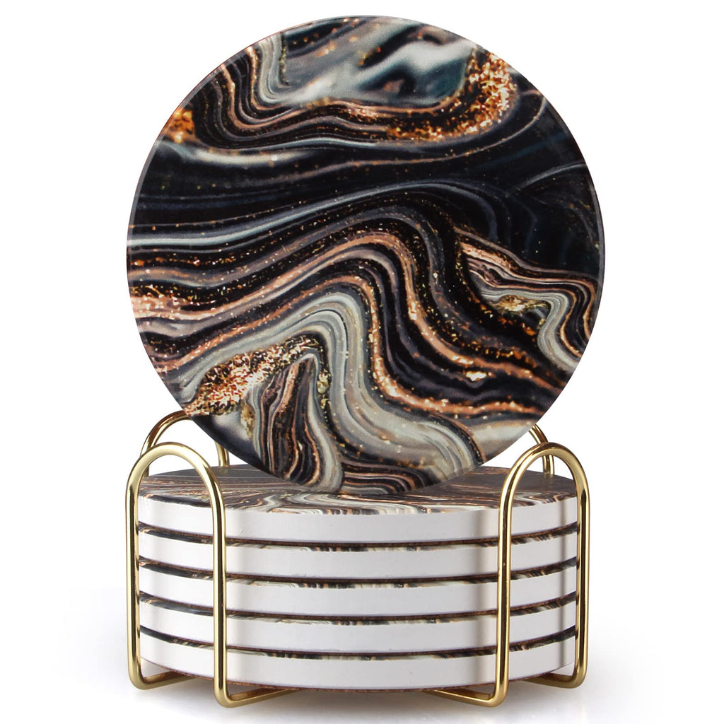 Black and Gold Marble Coasters with Holder A9805
