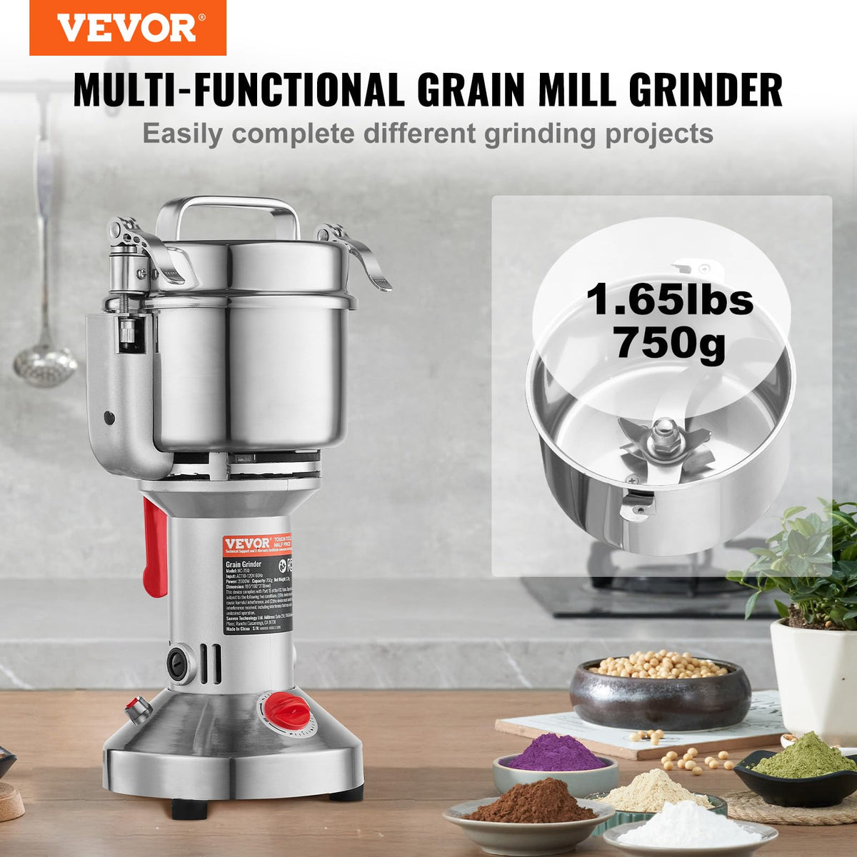 750g 2000W Stainless Steel Electric Grain Mill Grinder O849646