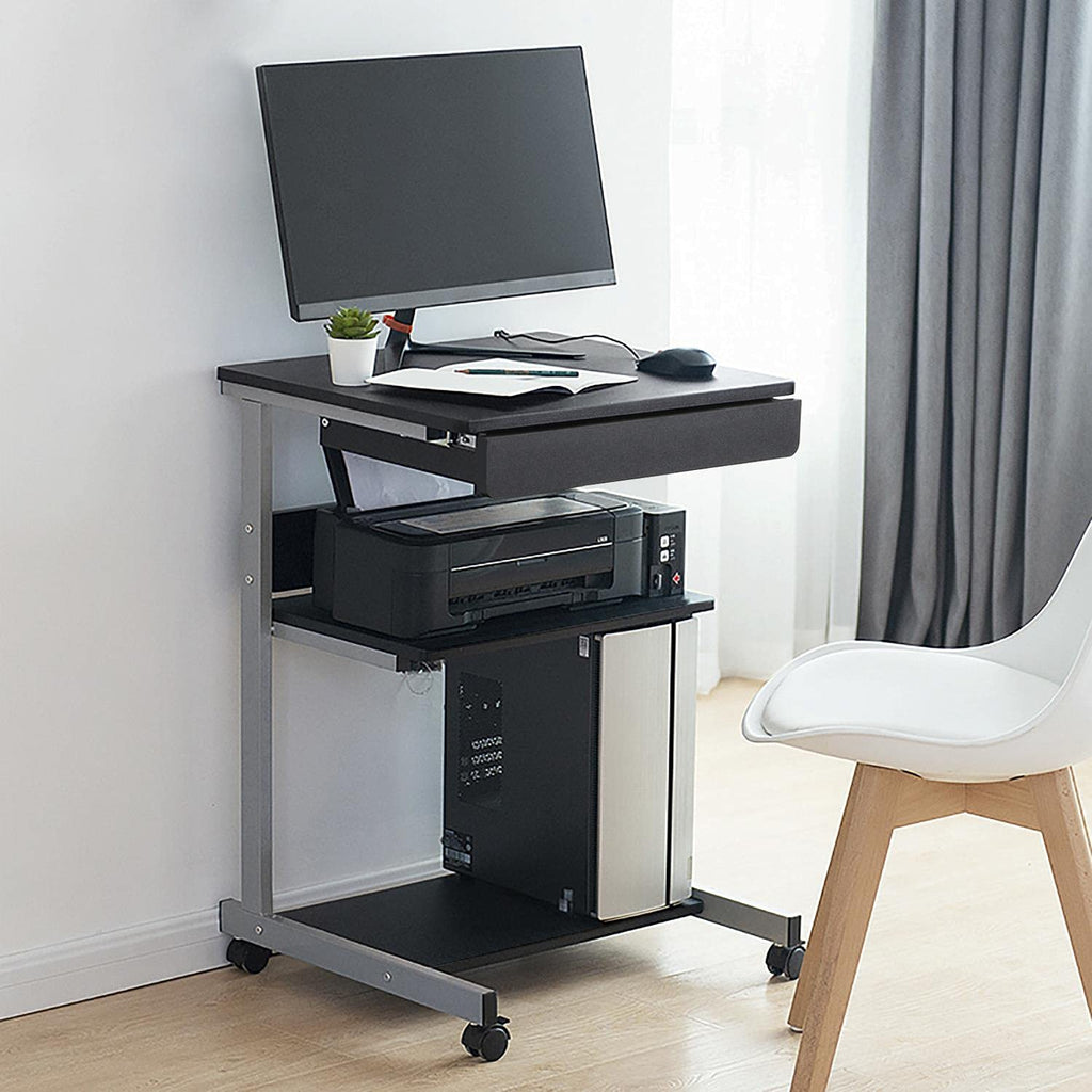 Black Rolling Desk with Drawer and Printer Shelf J735387