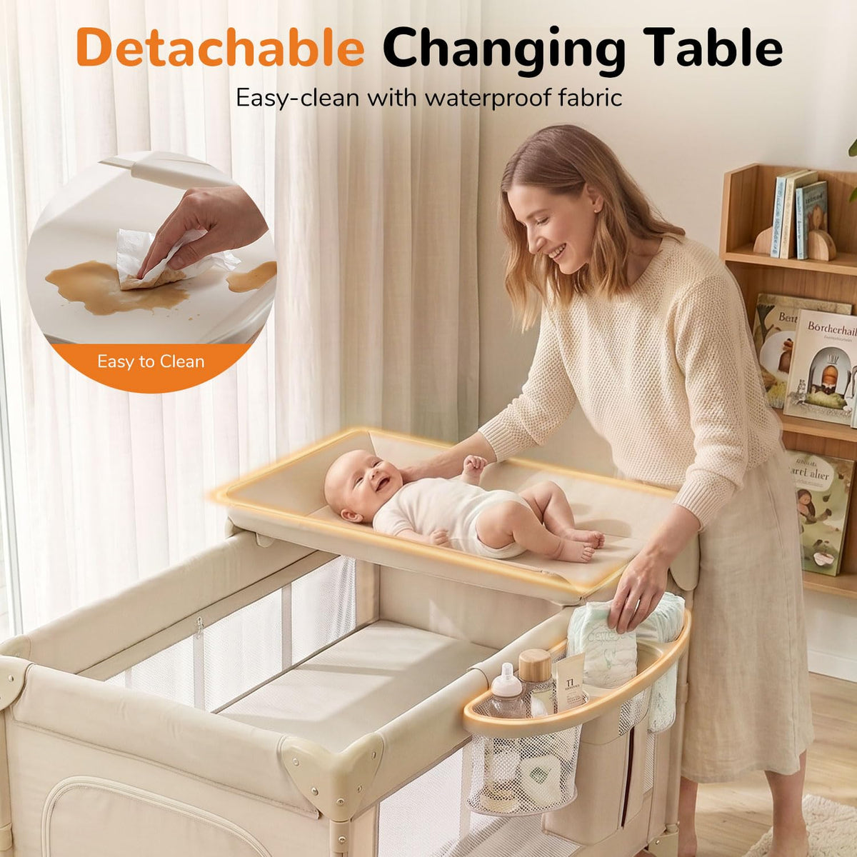 4 in 1 Foldable Pack and Play with Bassinet and Changing Table, Beige Z978712