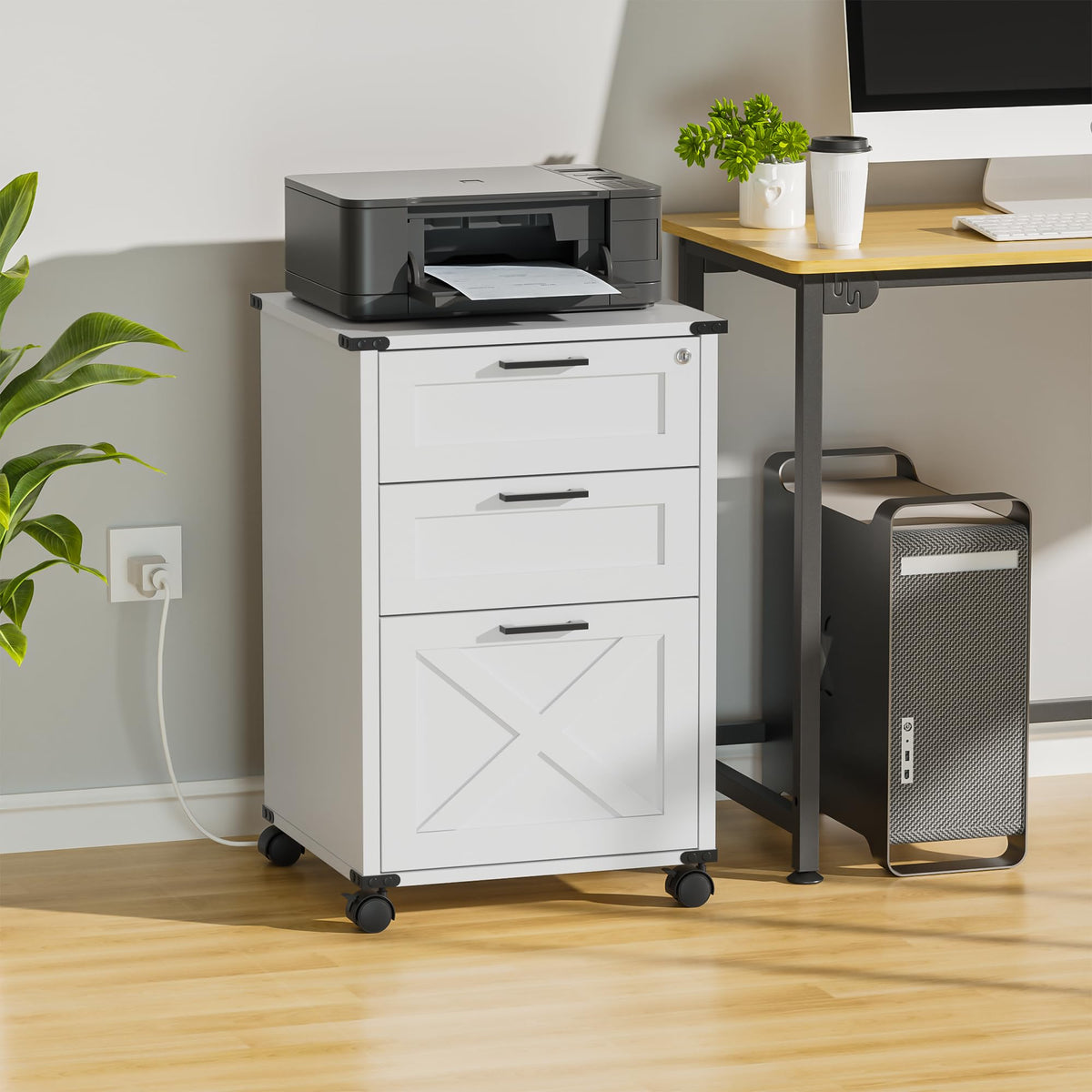 Small Wood File Cabinet with Charging Station and Lock, 3 Drawers K463621