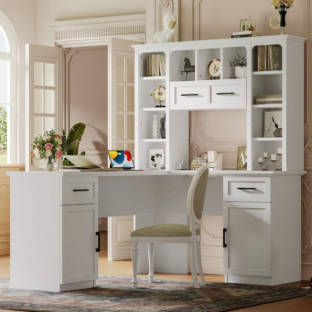 White L-Shaped Computer Desk with Hutch and Storage Q793