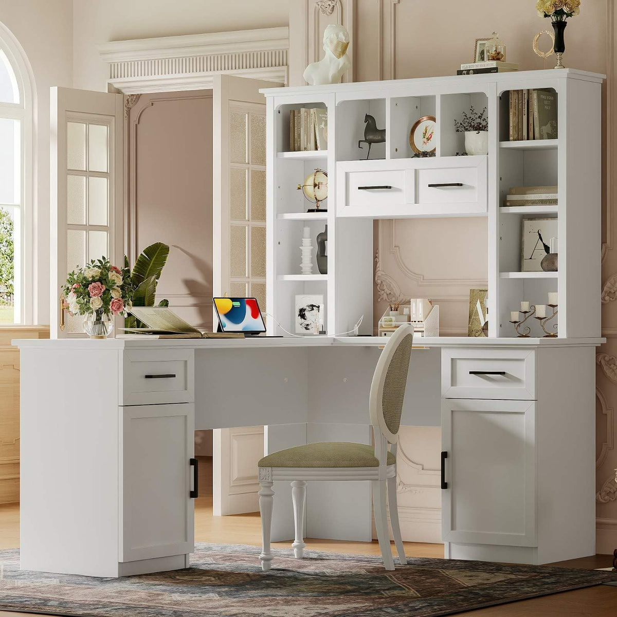 White L-Shaped Computer Desk with Hutch and Storage Q793