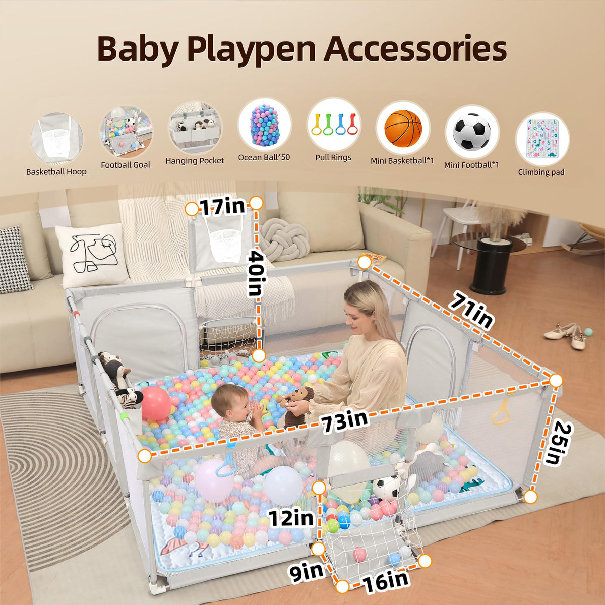 Baby Playpen with Mat 73"x71" R920