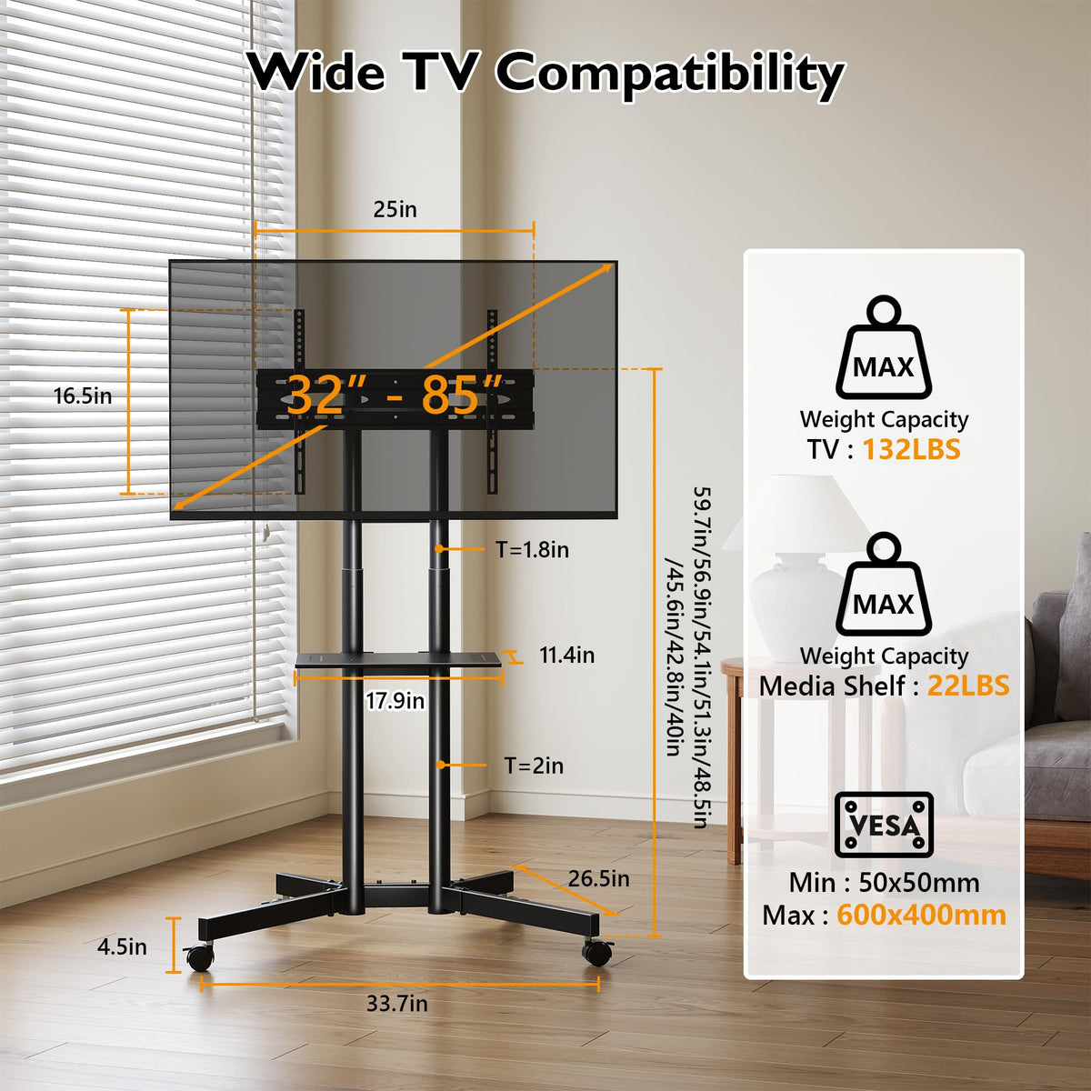 Rolling TV Stand with Tilt, Black S53501