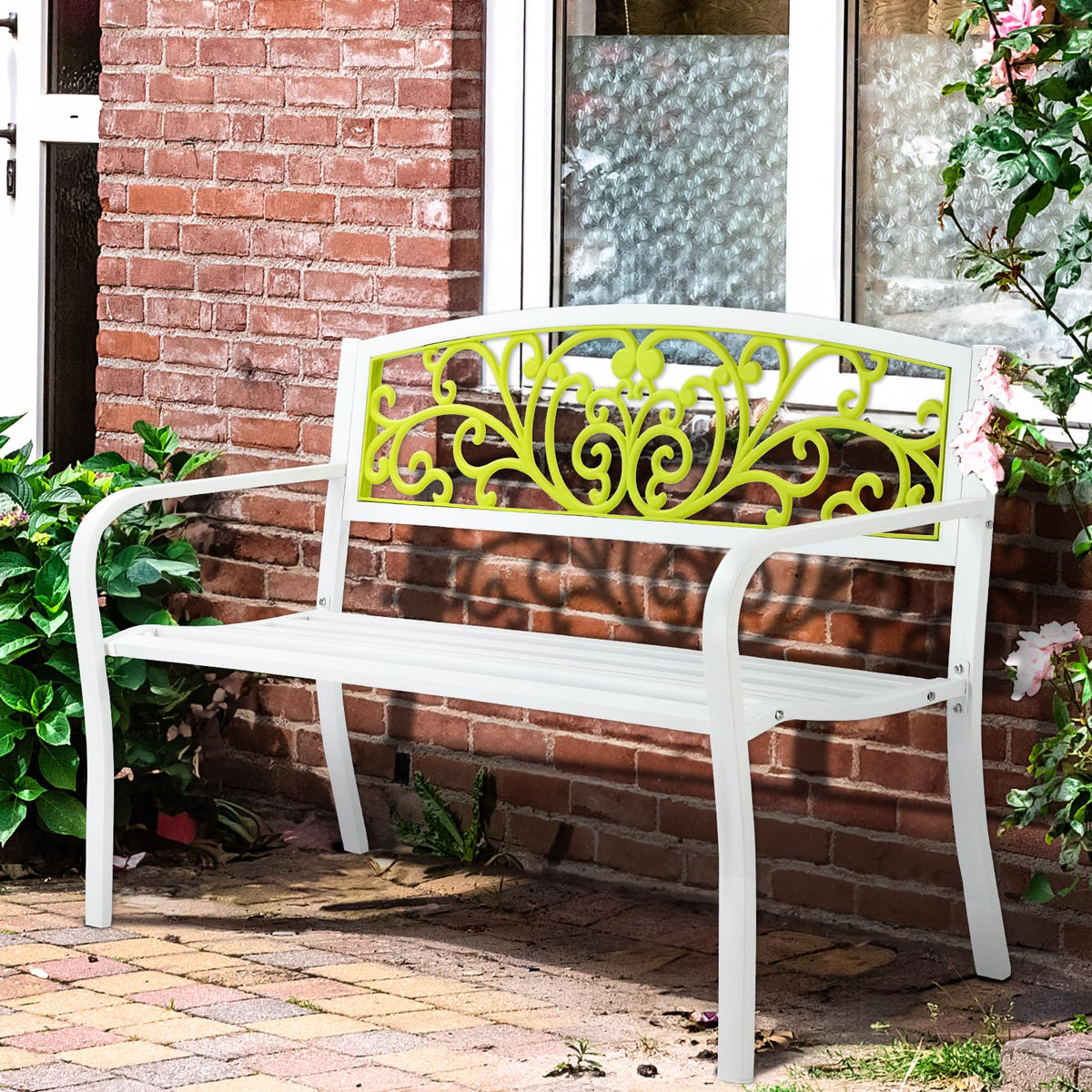 47in Weatherproof Metal Outdoor Bench with Back and Armrests R416