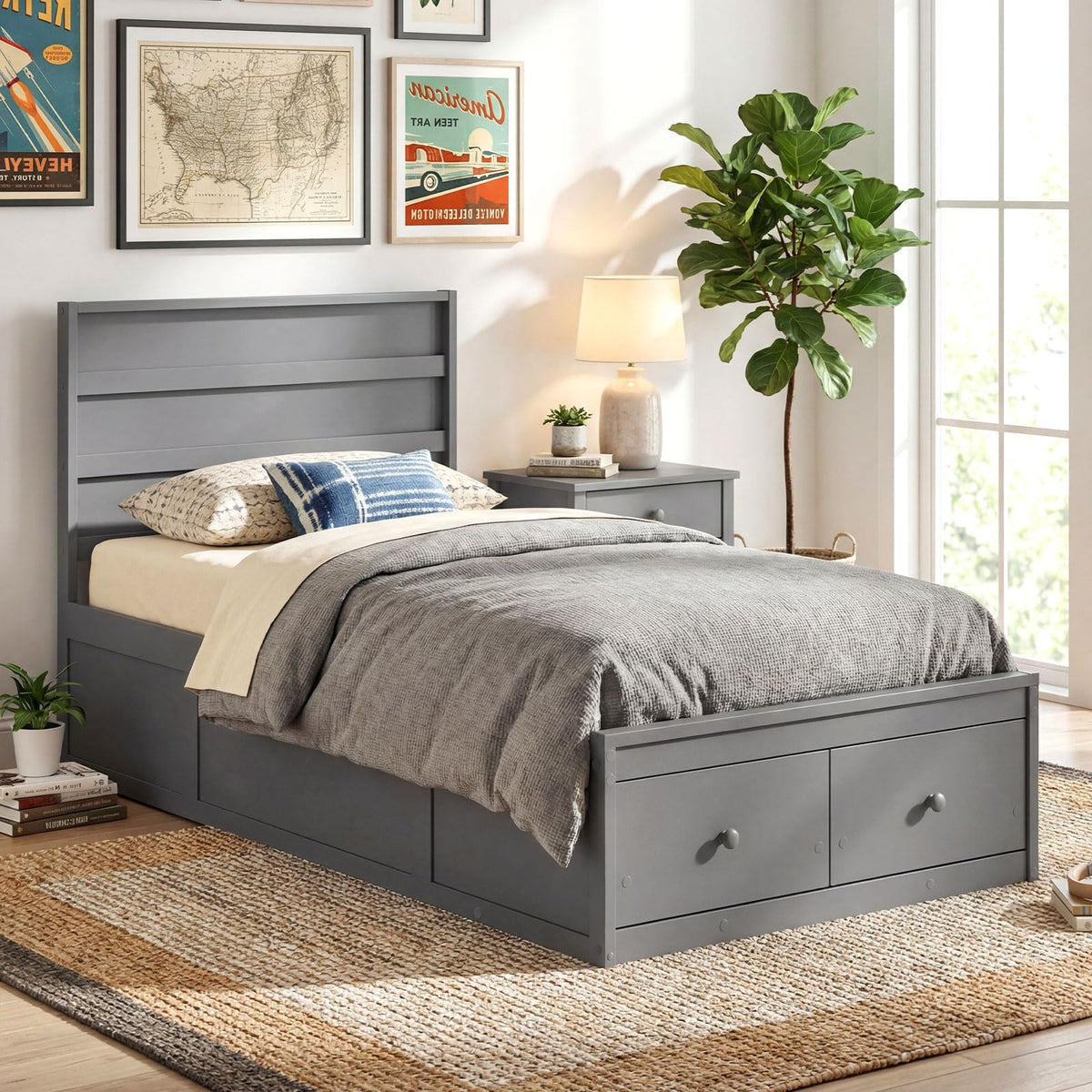 Grey Twin Wood Platform Bed with Storage Drawers S3214