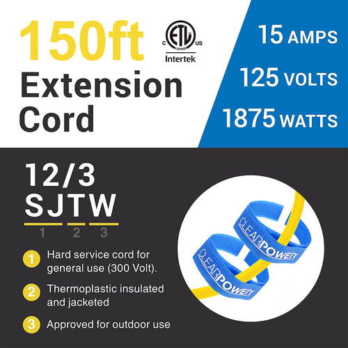 150ft 12/3 SJTW Yellow Outdoor Extension Cord with 3-Outlet Adapter U41006